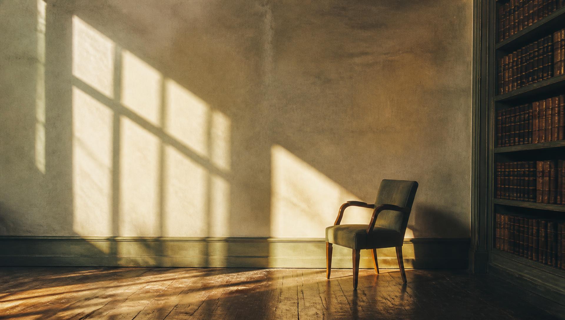 Late light and window shadows falling across the wall and floor of a quiet library room